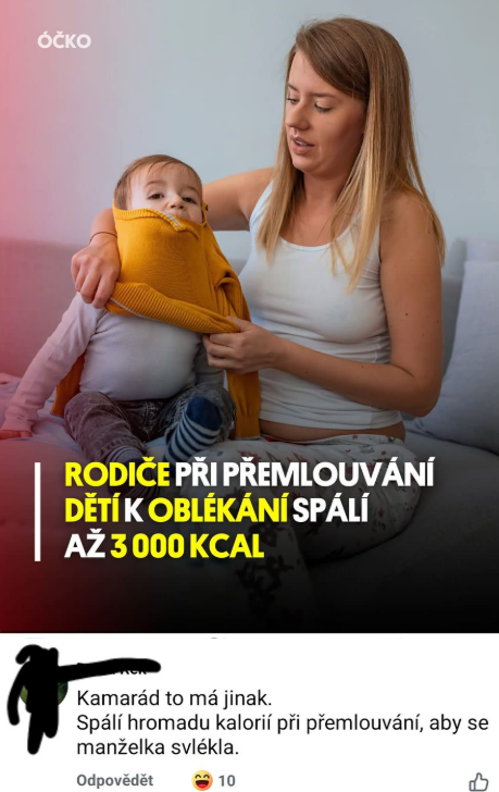 Matka oblieka dieťa v obývačke; poznámka v pozadí hovorí o kalorickom výdaji pri obliekaní detí.