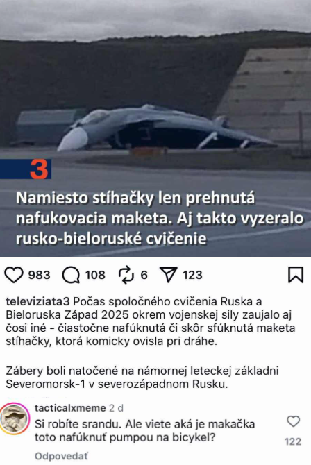 Nafukovacia maketa stíhačky počas cvičenia Ruska a Bieloruska, pôsobiaca komicky na leteckej základni.