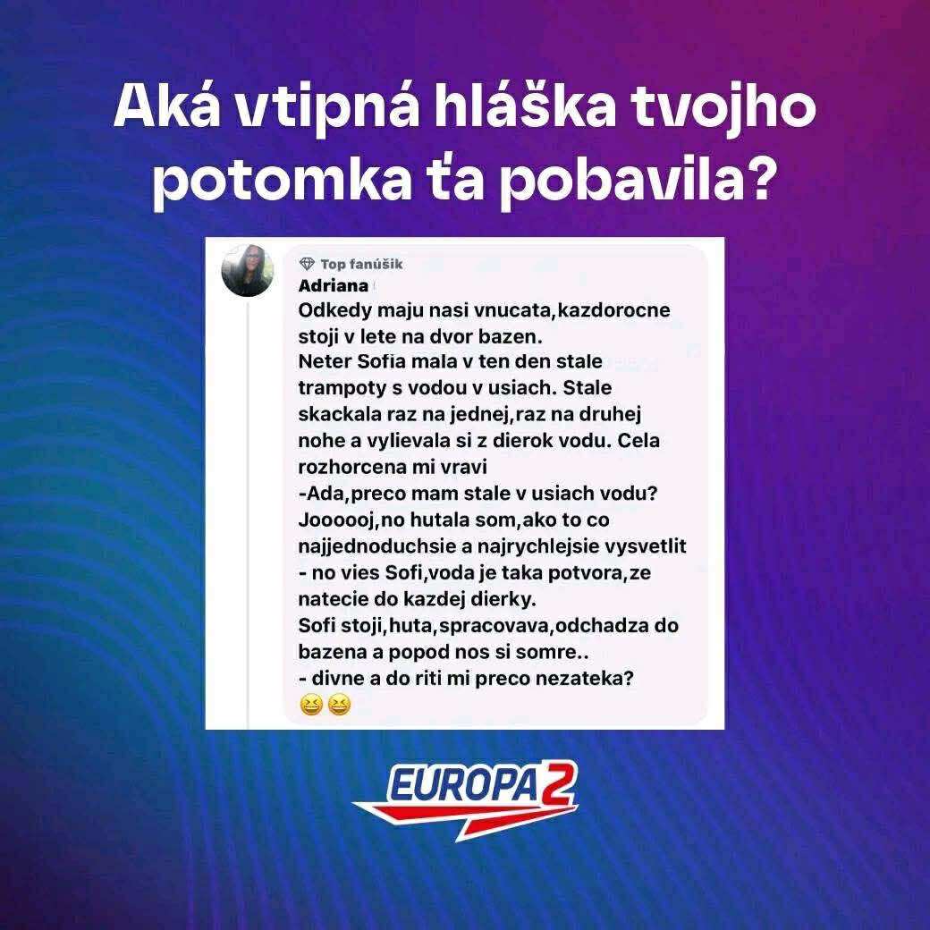 Dieťa pri bazéne kladie vtipnú otázku, prečo mu voda nezateká do uší, rodič sa snaží vysvetliť.