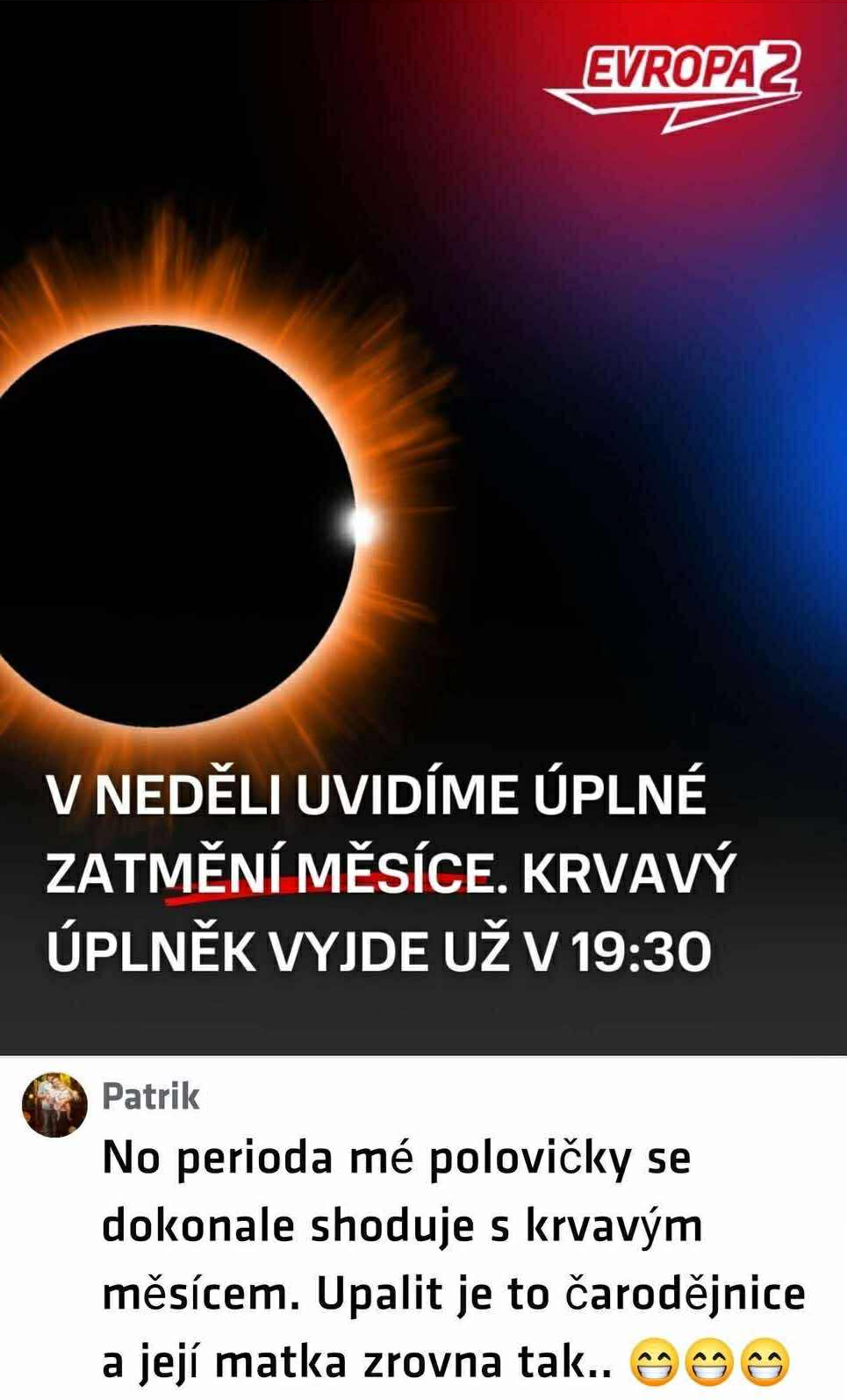 Zatmenie Mesiaca s krvavým úplnkom v nedeľu o 19:30, humorný komentár o synchronizácii s ženskou periódou.