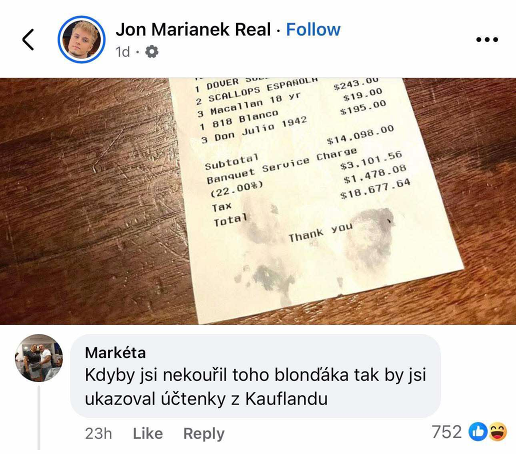 Účtenka s vysokými výdajmi na večeru a vtipným komentárom o luxusnom účte.