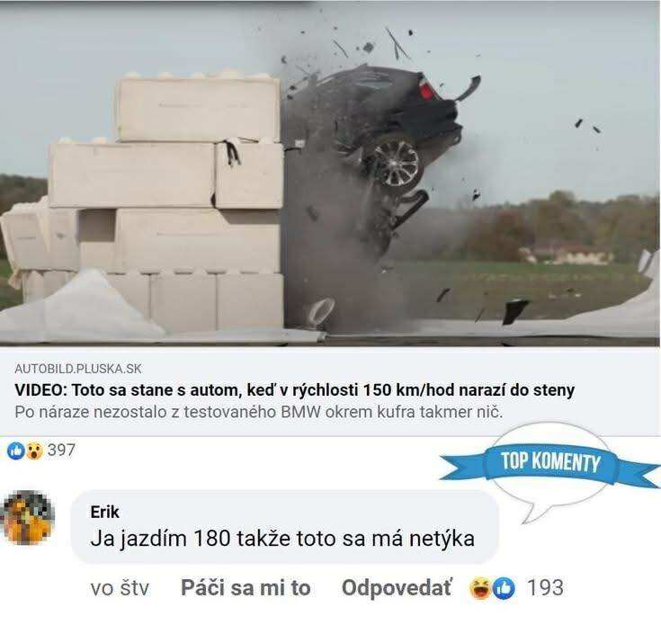 Auto pri zrážke do steny vo vysokých rýchlostiach, komentár šoféra o jazdení 180 km/h.
