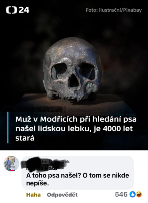 Lebka stará 4000 rokov nájdená v Modřiciach pri hľadaní psa, pobavila komentárom.