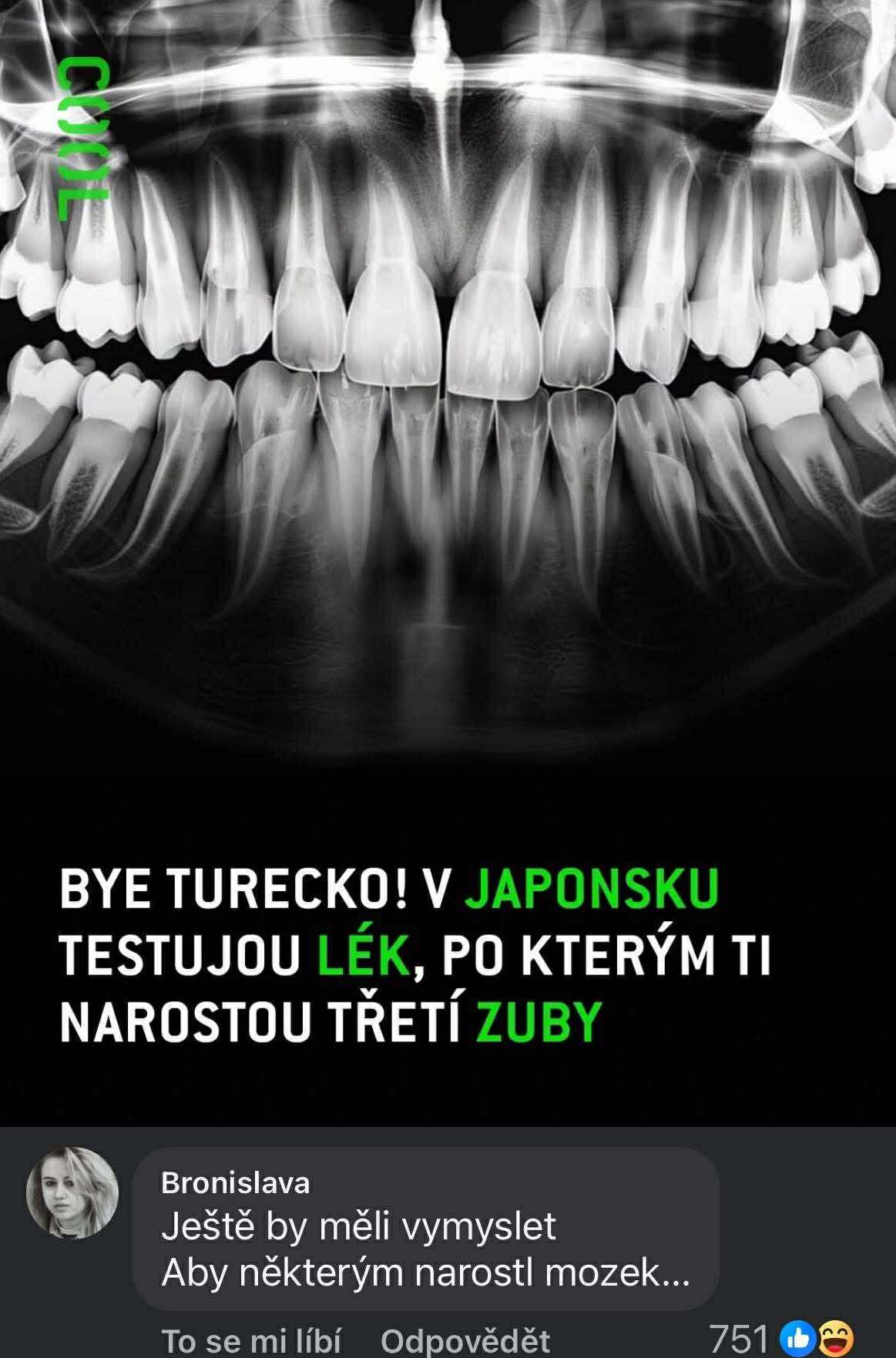 Röntgen zubov a text o testovaní lieku na tretí rast zubov v Japonsku.