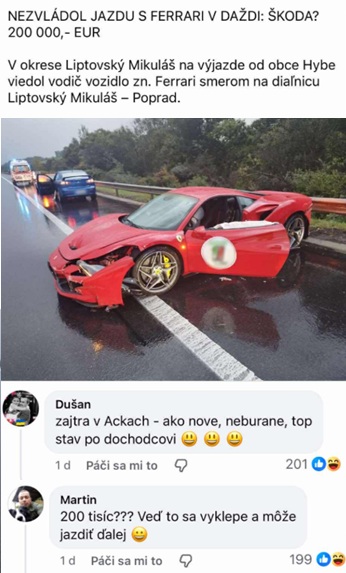 Ferrari po dopravnej nehode na mokrej ceste, poškodená predná časť, dopravná nehoda pri Liptovskom Mikuláši.