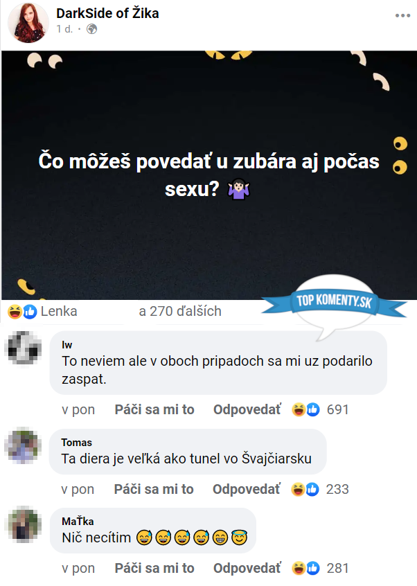 Vtipný Facebook príspevok: „Čo môžeš povedať u zubára aj počas sexu?“ s rôznymi humornými komentármi.