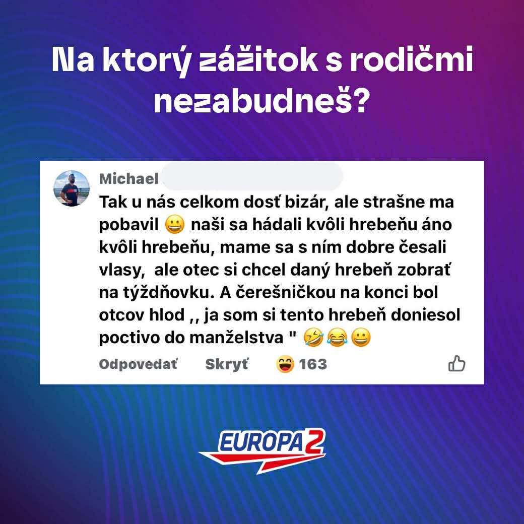 Ktorý zážitok s rodičmi nezabudneš? Príbeh o hrebeni a otcovej vtipnej poznámke v komentári na modrej pozadí.