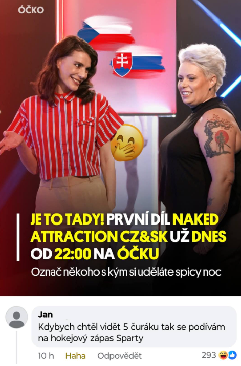 Dve ženy diskutujú v televíznej show; nápis oznamuje premiéru Naked Attraction CZ&SK dnes o 22:00 na Ôčku.