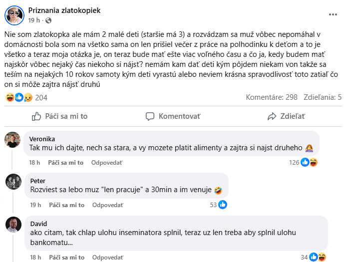 Matka diskutuje o problémoch s manželstvom a deťmi, komentáre navrhujú rozvod a nájdenie nového partnera.