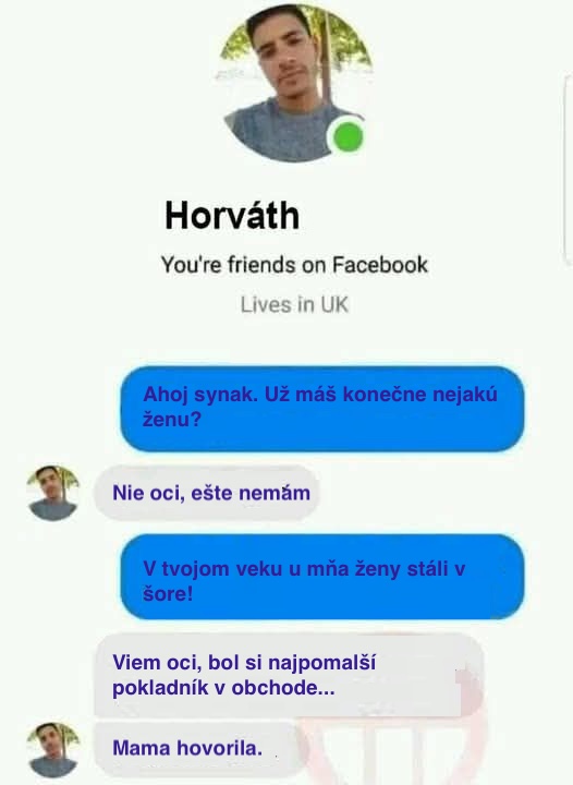 Otec a syn si píšu na Facebooku vtipnú konverzáciu o randení a pokladni v obchode.