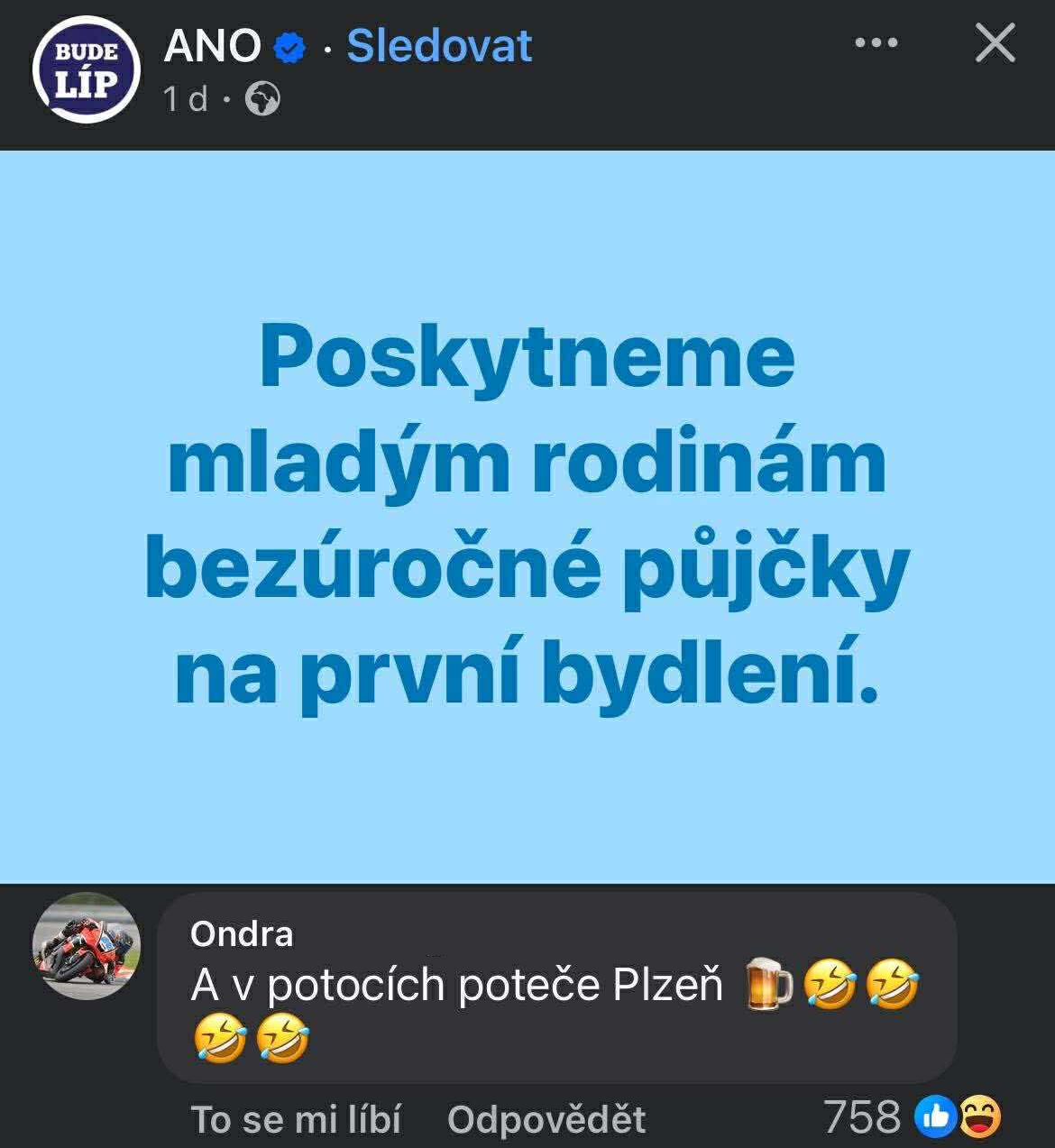 Plagát politickej strany sľubuje bezúročné pôžičky pre mladé rodiny na bývanie; komentár od užívateľa Ondra.