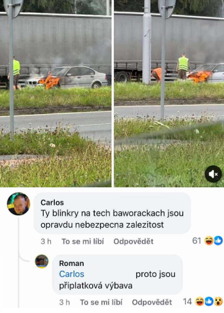 Auto pri ceste so spálenými brzdami pritiahol pozornosť okoloidúcich; komentáre vtipkujú o smerovkách.