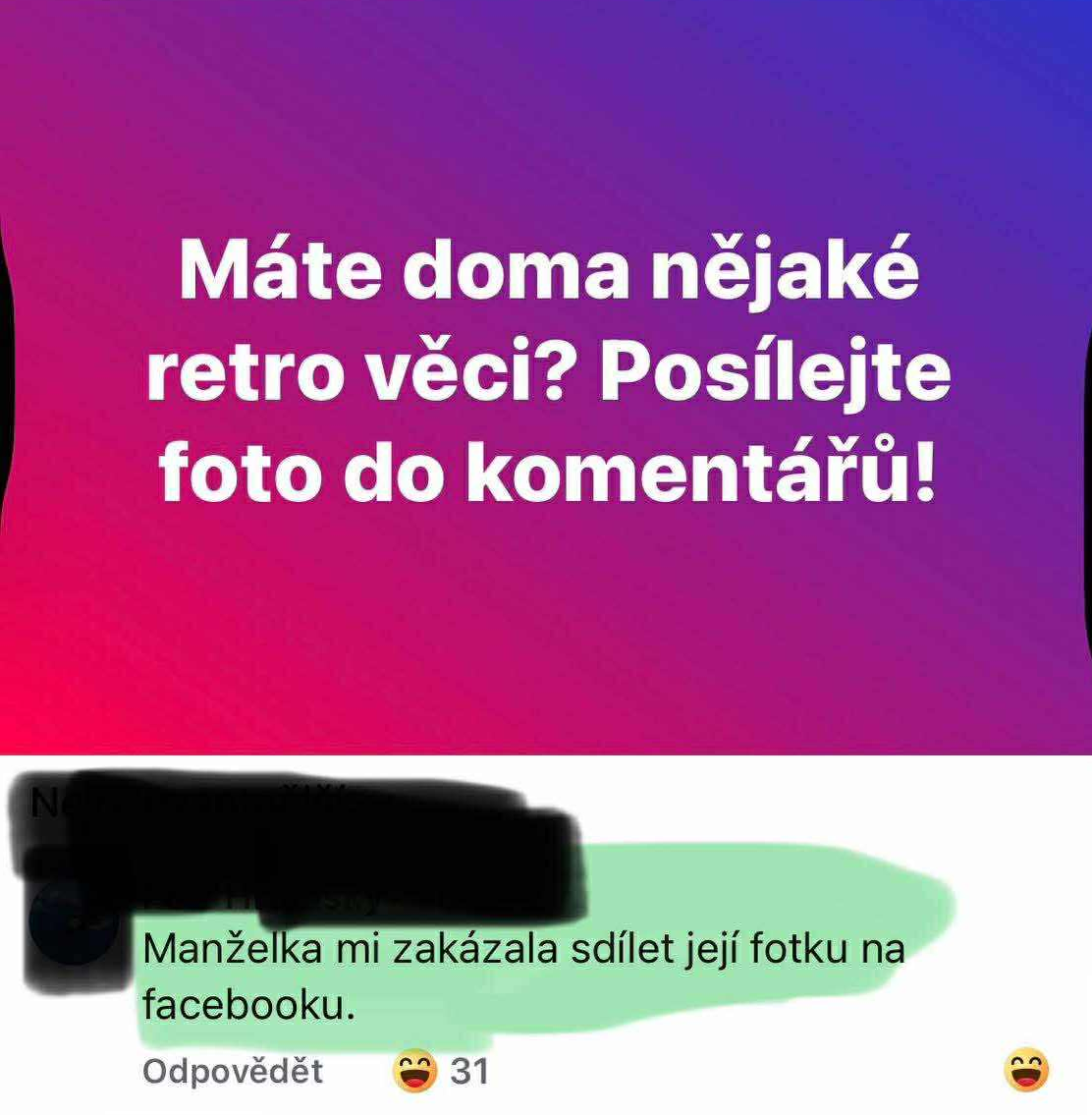 Výzva na zdieľanie fotografií retro vecí s vtipným komentárom o zákaze zdieľania manželkinej fotky.