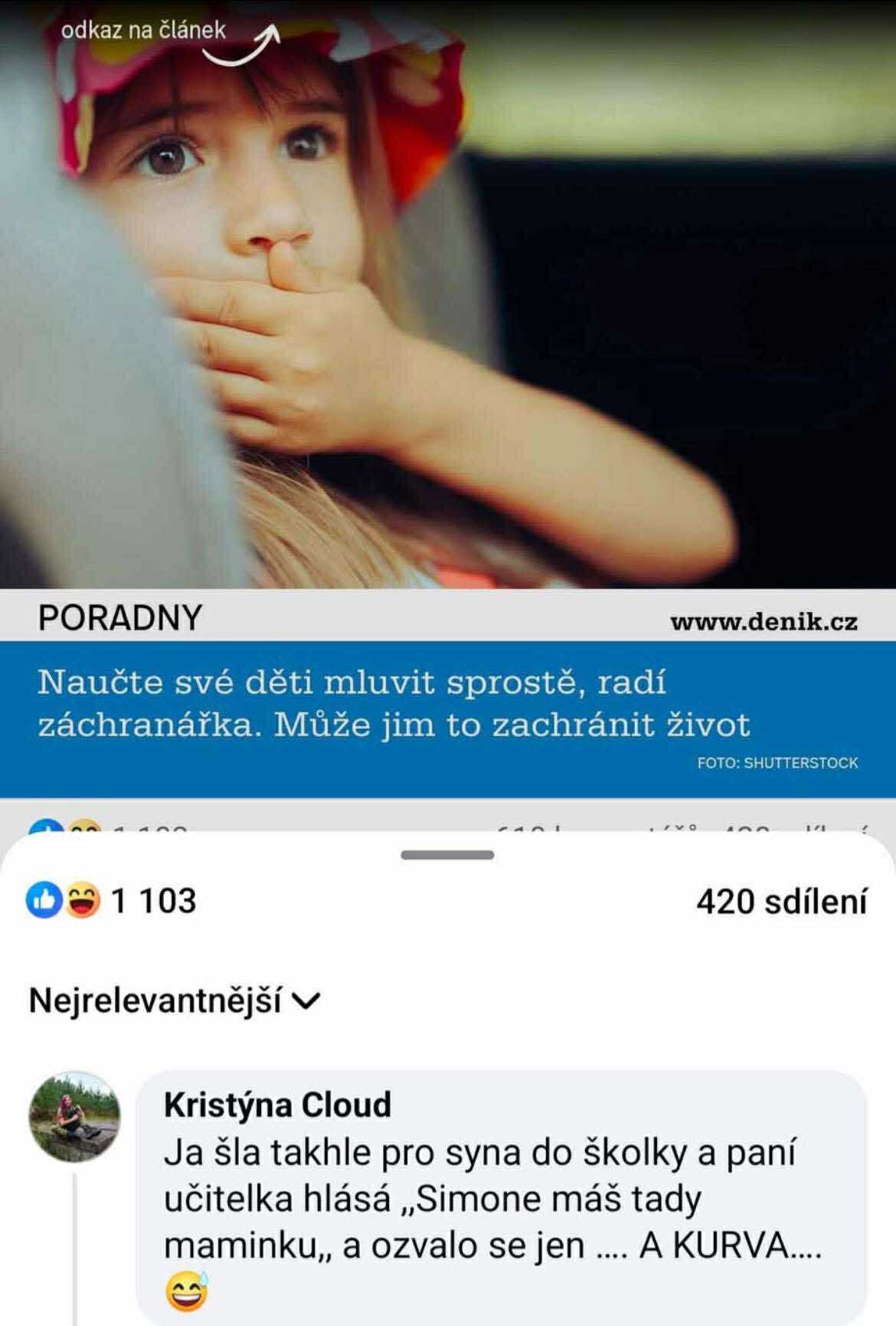 Dievča si zakrýva ústa, titulok článku hovorí o výučbe detí nadávkam, ktoré im môžu zachrániť život.