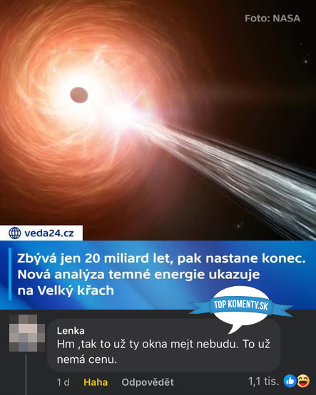 Ilustrácia čiernej diery s vedeckým článkom o konci vesmíru a humorným komentárom o umývaní okien.