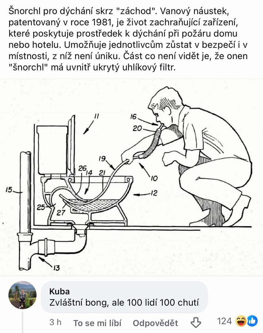 Schematic znázorňujúci použití šnorchla na dýchanie cez toaletu v prípade núdze.