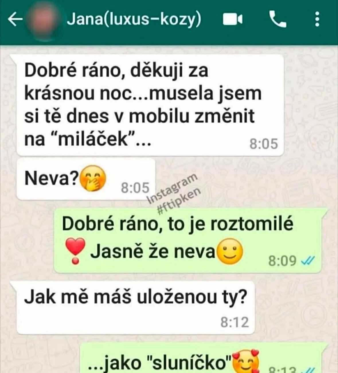 Textová konverzácia na WhatsApp, kde si menia prezývky na miláček a sluníčko.