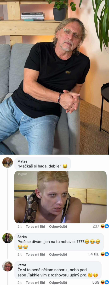 Osoba sedí na pohovke so zamysleným výrazom, s komentármi pod obrázkom vtipkujúcej povahy.