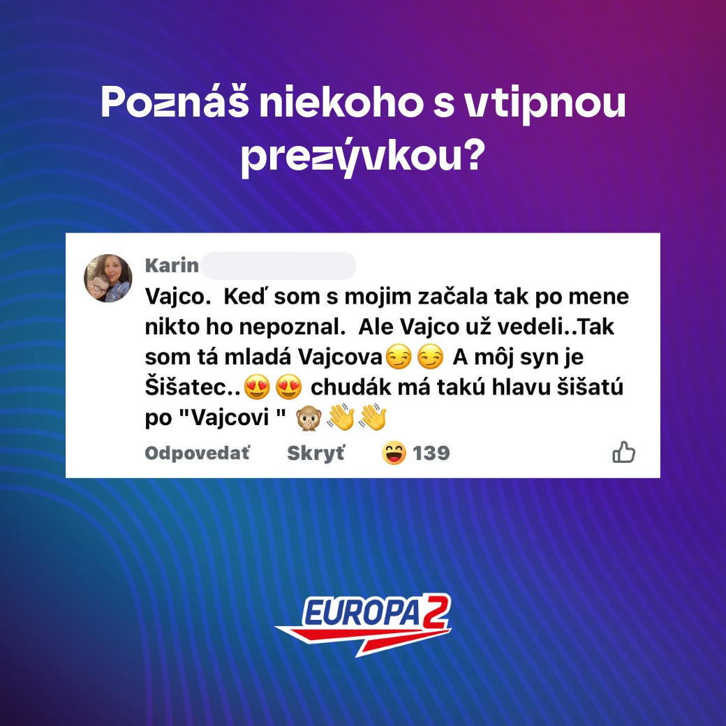 Vtipná diskusia o prezývkach: Vajco a Šišatec. Zábavný príspevok zo sociálnych médií s lajkami a komentármi.
