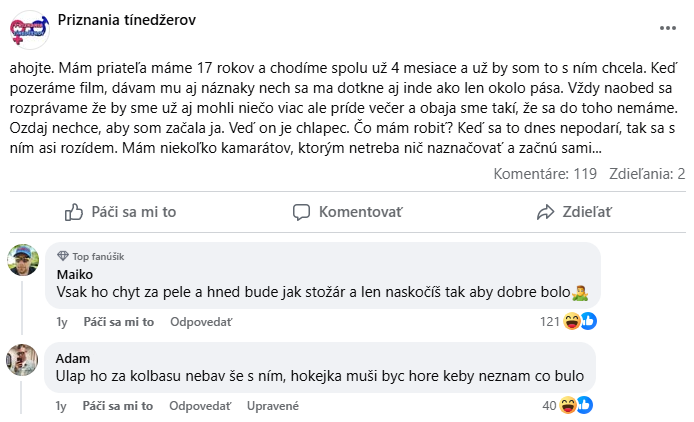 Prebieha diskusia tínedžerov o vzťahových otázkach a radách v komentároch na Facebooku.