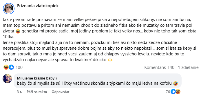 Rozhovor na sociálnej sieti o plastickej chirurgii a vzhľade, obsahujúci osobné priznania a komentáre.