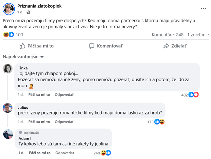 Konverzácia na Facebooku o tom, prečo muži pozerajú filmy pre dospelých, neistota a reakcie používateľov.