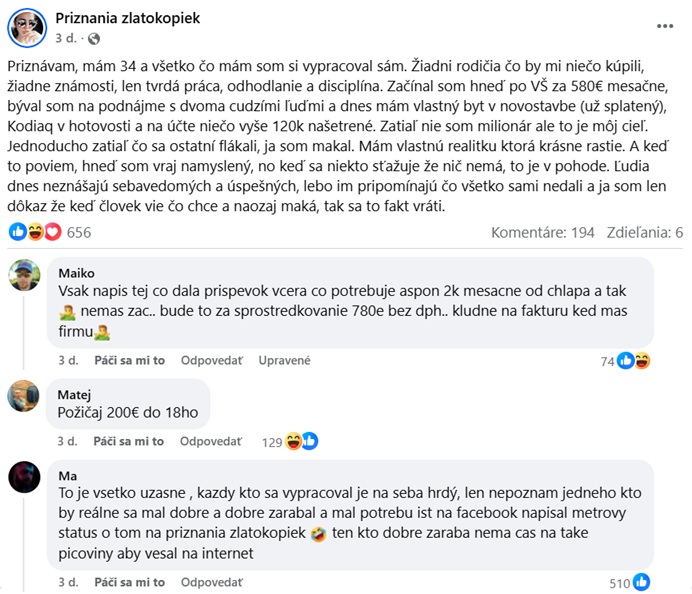 Facebook diskusia o pracovnom úspechu a sebavedomí v skupine Priznania zlatokopiek.