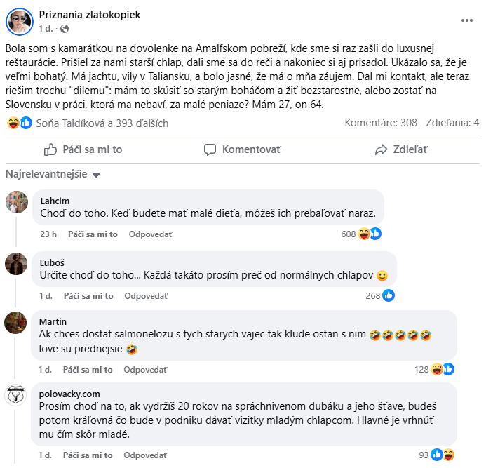 Žena zvažuje vzťah so starším boháčom namiesto práce na Slovensku; reakcie sú humorné a rozpačité.