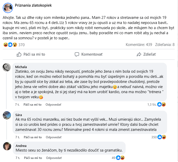 Žena sa delí o príbeh milenky v diskusii na Facebooku, hľadá rady, komentujúci reagujú kriticky aj ironicky.