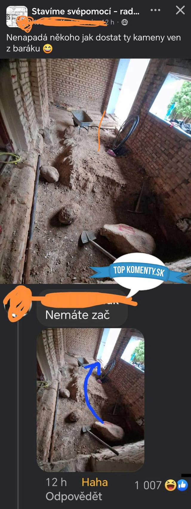 Stavebný priestor s tehlovými stenami, hlinou, fúrikom a nástrojmi, s otázkou o sťahovaní kameňov.