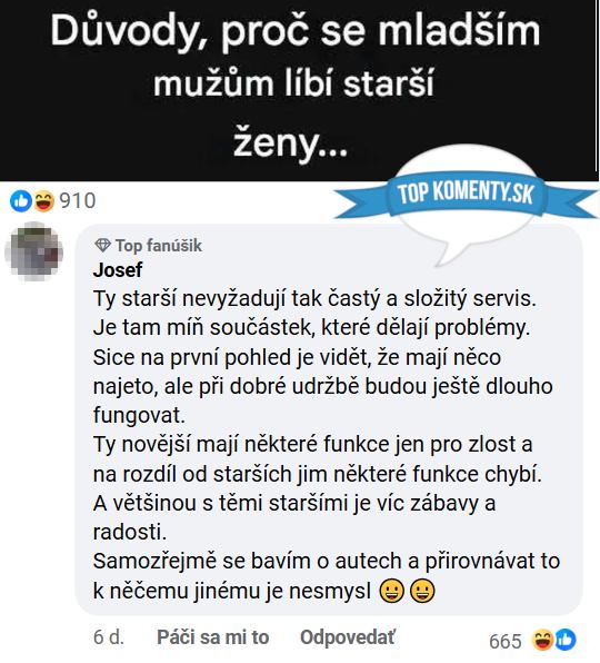 Dôvody, prečo sa mladším mužom páčia staršie ženy, vtipný komentár o autách.