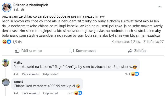 Žena vyjadruje preferencie pre finančne zabezpečených partnerov v online diskusii na sociálnych sieťach.
