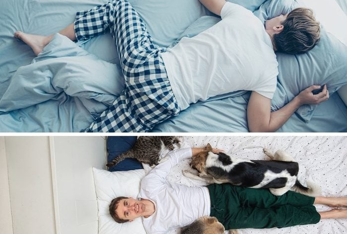 Muž v pyžame spí v posteli, sám a obklopený domácimi zvieratami, porovnanie spánku.