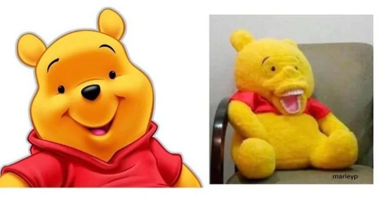 Karikatúra medvedíka vtipne porovnaná s humorným plyšovým počinom.