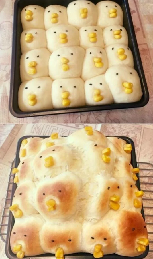 Roztomilé pečivo v tvare kačičiek pred a po upečení na plechu.