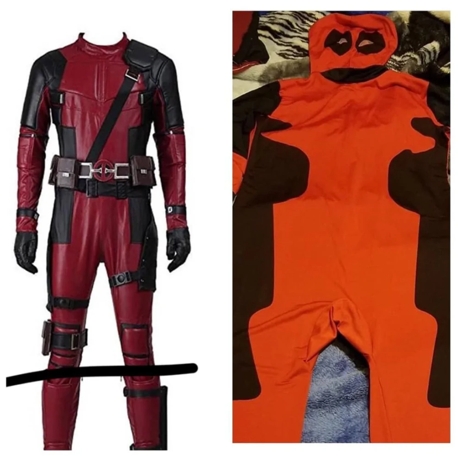 Profesionálny a amatérsky kostým superhrdinu v červeno-čiernom dizajne na porovnanie kvality.