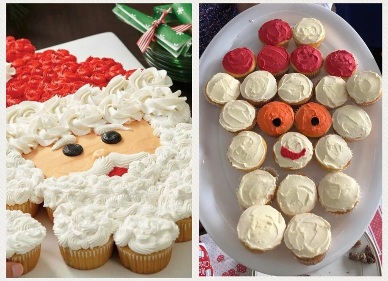 Dva pokusy o cupcakového Mikuláša na tanieri: jeden detailný, druhý jednoduchý; rozdiel v dekorácii krémom.