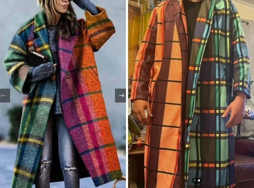 Žena v pestrenom kockovanom kabáte a muž v podobnom vzore, porovnanie módneho štýlu a dizajnu.