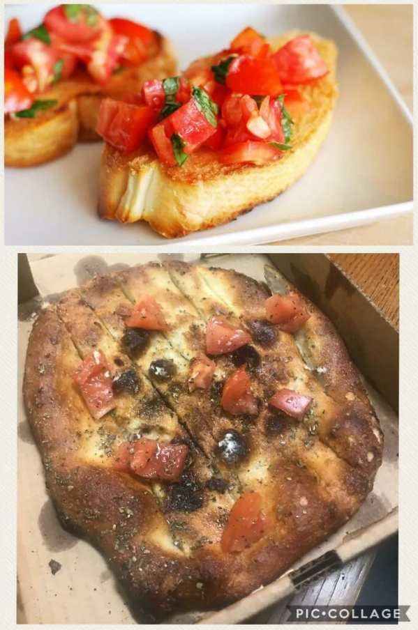 Bruschetta s paradajkami a bazalkou, talianska focaccia s paradajkami, pripravená na servírovanie.