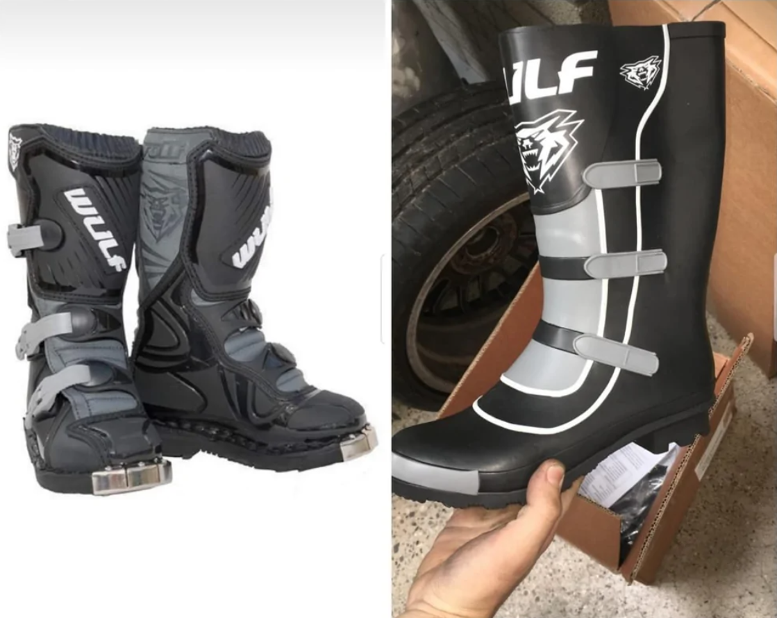 Dva páry topánok: motokrosové topánky a vysoké čižmy so zapínaním na suchý zips, čierno-sivé prevedenie.