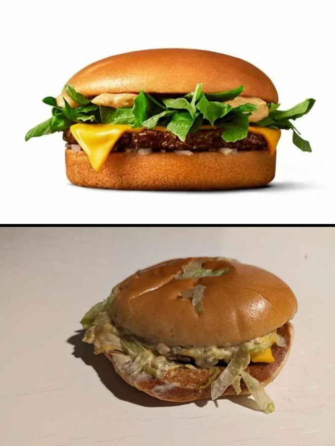 Dva cheeseburgery: horný esteticky upravený s čerstvým šalátom, dolný neporiadny so zvädnutým šalátom a roztečeným syrom.