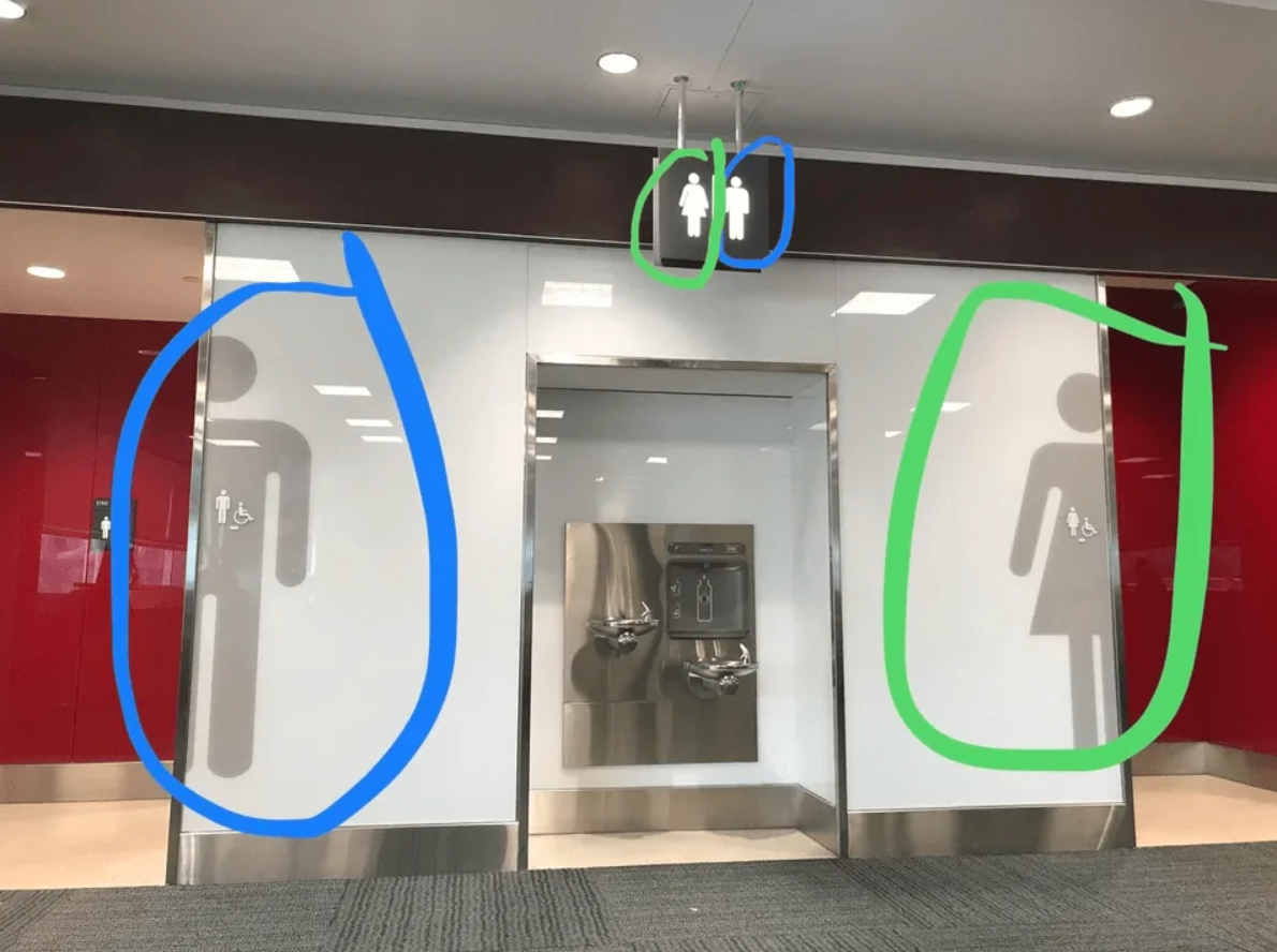 Sociálne zariadenia s piktogramami muž a žena, medzi ktorými je pitná fontána.