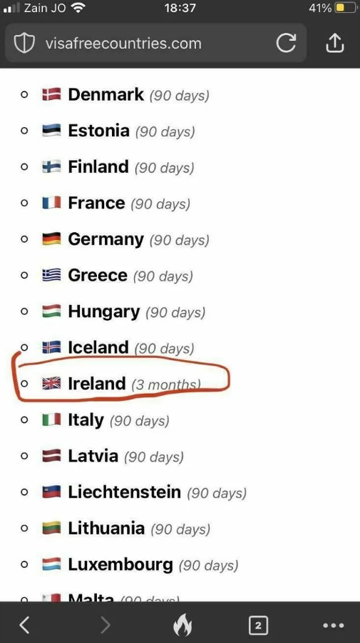 Zoznam krajín s dĺžkou bezvízového pobytu: 90 dní alebo 3 mesiace, vrátane Dánska, Estónska a Írska.