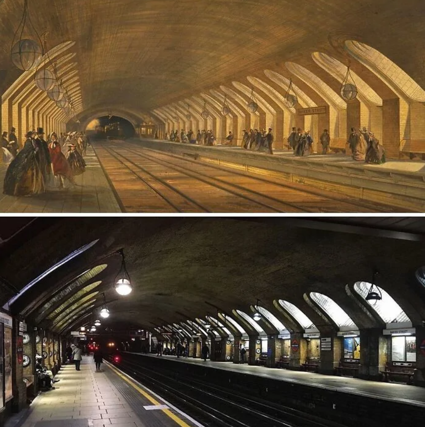 Historické a moderné zobrazenie stanice londýnskeho metra Baker Street.