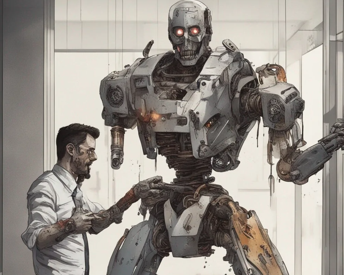 Muž v bielom košeli opravuje veľkého robota v modernom interiéri, detailný pohľad na mechanické súčiastky.