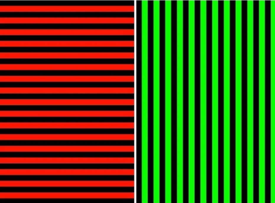 Čierno-červené horizontálne pruhy a čierno-zelené vertikálne pruhy vedľa seba.