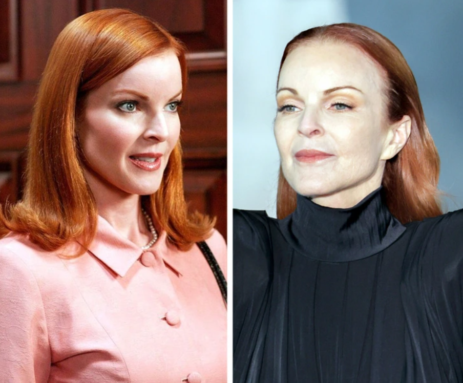 Dvojica fotografií ženy s ryšavými vlasmi, jedna mladšia v ružovom saku a druhá staršia v čiernych šatách.