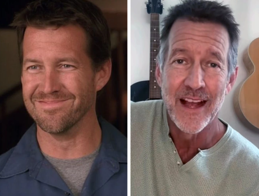 Dva porovnávacie portréty muža s gitarou v pozadí, pred a po zmenách starnutia.