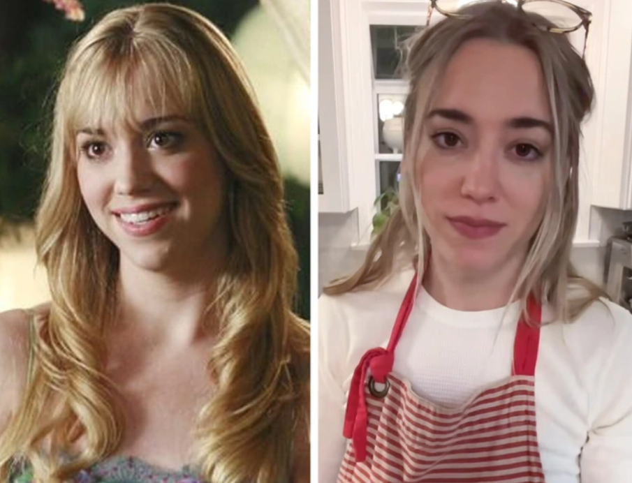 Dve ženy s dlhými svetlými vlasmi, jedna usmiata vonku a druhá v kuchyni s červenou zástěrou.