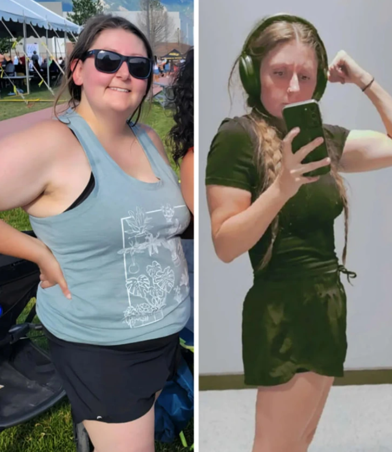 Pred a po transformácii: žena ukazujúca výraznú zmenu fyzickej kondície pomocou cvičenia.